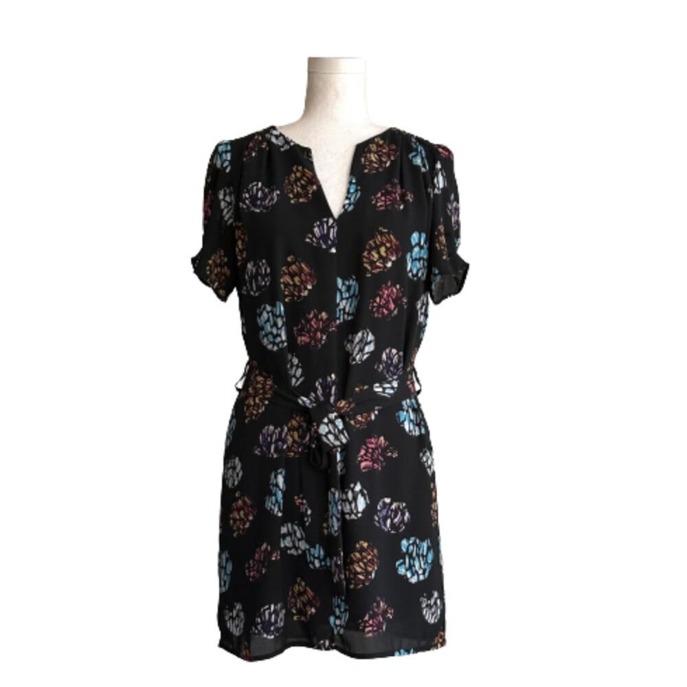 lr Black Floral Short Sleeve Sash Belt Split Neck Sheath Tunic Dress Size Small